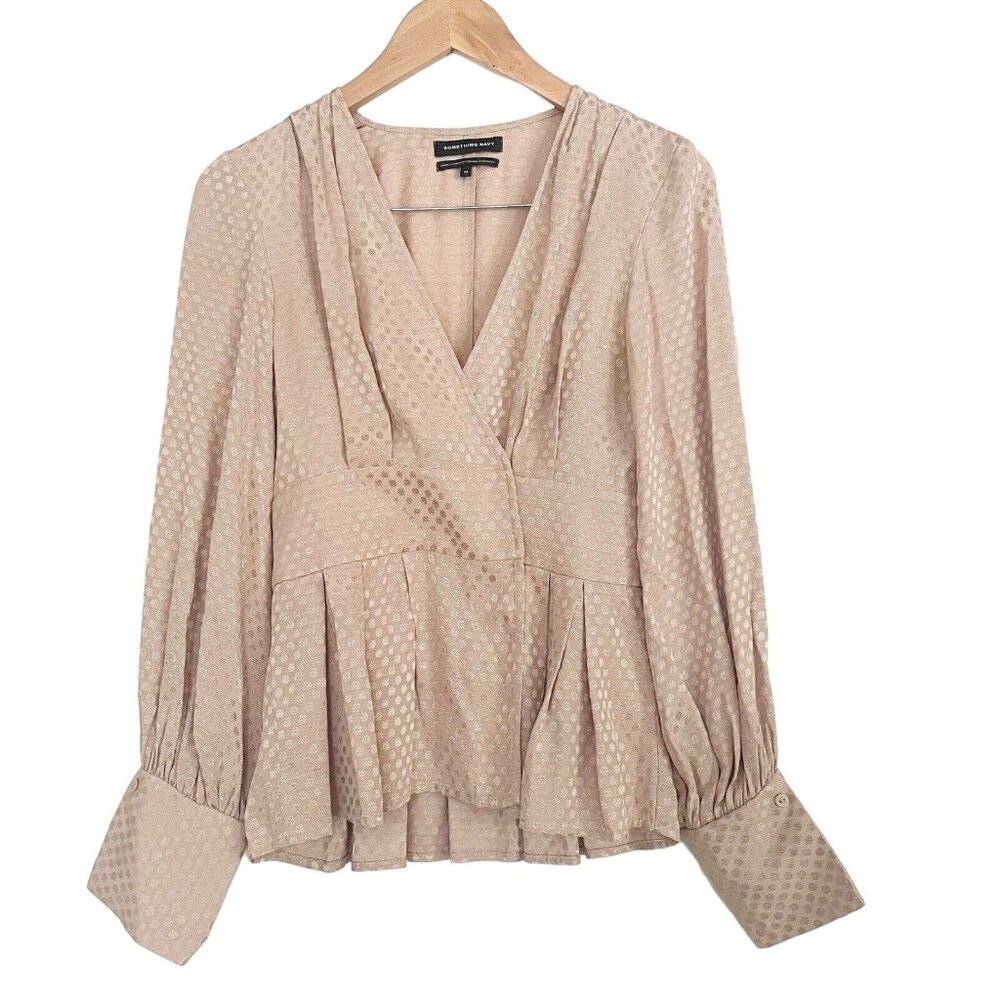 Something Navy Women XS Blouse V-Neck Bishop Sleeve Light Tan Taupe Elegant Chic